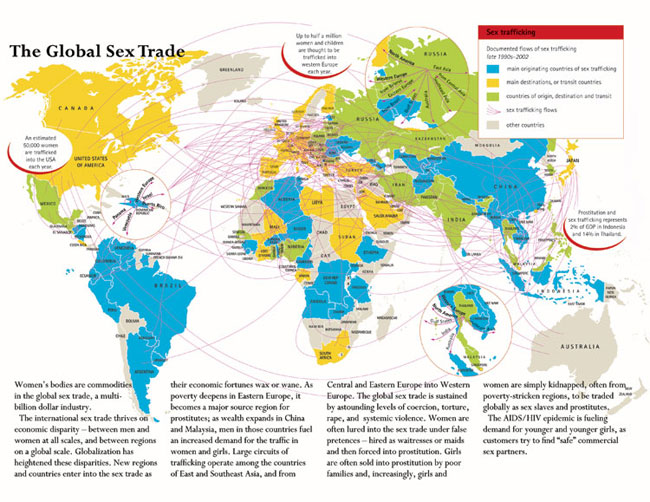 he Global Sex Trade  Women’s bodies are commodities in the global sex trade, a multi-billion dollar industry. The international sex trade thrives on economic disparity – between men and women at all scales, and between regions on a global scale. Globalization has heightened these disparities. New regions and countries enter into the sex trade as their economic fortunes wax or wane.  As poverty deepens in Eastern Europe, it becomes a major source region for prostitutes; as wealth expands in China and Malaysia, men in those countries fuel an increased demand for the traffic in women and girls. Large circuits of trafficking operate among the countries of East and Southeast Asia, and from Central and Eastern Europe into Western Europe.  The global sex trade is sustained by astounding levels of coercion, torture, rape and systemic violence. Women are often lured into the sex trade under false pretences – hired as waitresses or maids and then forced into prostitution. Girls are often sold into prostitution by poor families and, increasingly, girls and women are simple kidnapped, often from poverty-stricken regions, to be traded globally as sex slaves and prostitutes. The AIDS/HIV epidemic is fueling demand for younger and younger girls, as customers try to find “safe” commercial sex partners.